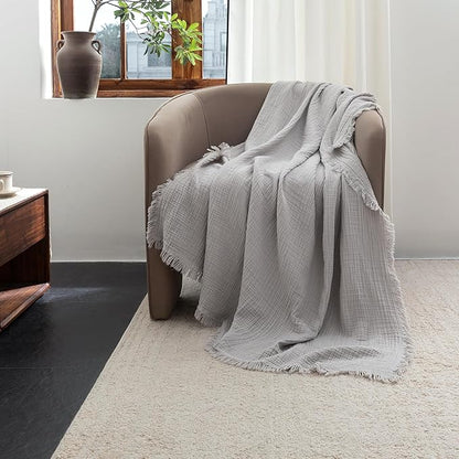FOSSA Muslin Blanket with Fringe - 4-Layer 100% Cotton Gauze Super Soft & Breathable Throw -Lightweight Decorative Cooling Blanket for Bed, Sofa, Office -Throw XL Size 70" x 50" (Grayish)