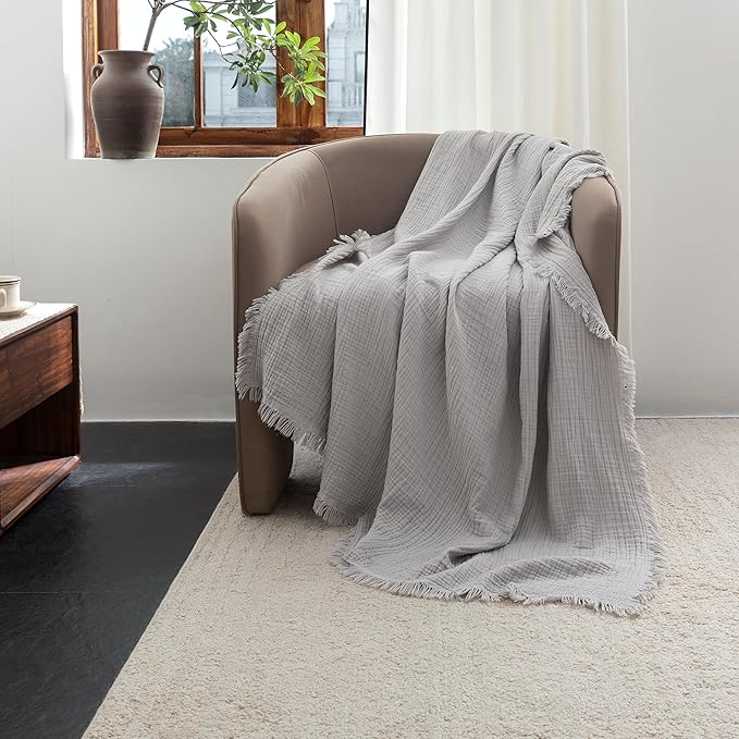 FOSSA Muslin Blanket with Fringe - 4-Layer 100% Cotton Gauze Super Soft & Breathable Throw -Lightweight Decorative Cooling Blanket for Bed, Sofa, Office -Super King Size 108" x 98" (Grayish)
