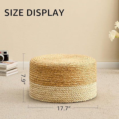 Wimarsbon Round Pouf Ottoman, Natural Hand Knitted Footrest Poof, Rustic Lounge Pouffe, Boho Pous Foot Stool, Accent Table or Seat (Natural Water Hyacinth + White Corn Husk, 17.7 * 17.7 * 9.84)