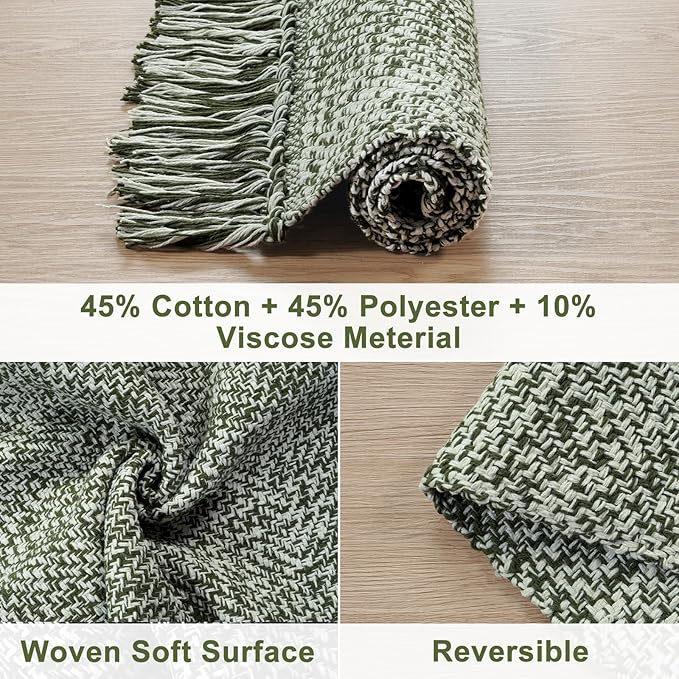 Collive Comfy Area Rug 4' x 6', Olive Green/Cream Woven Cotton Bedroom Rugs, Modern Indoor Accent Rug Floor Carpet with Tassel for Living Room, Nursery Room, Dining Room, Bedside, Office, Patio Decor
