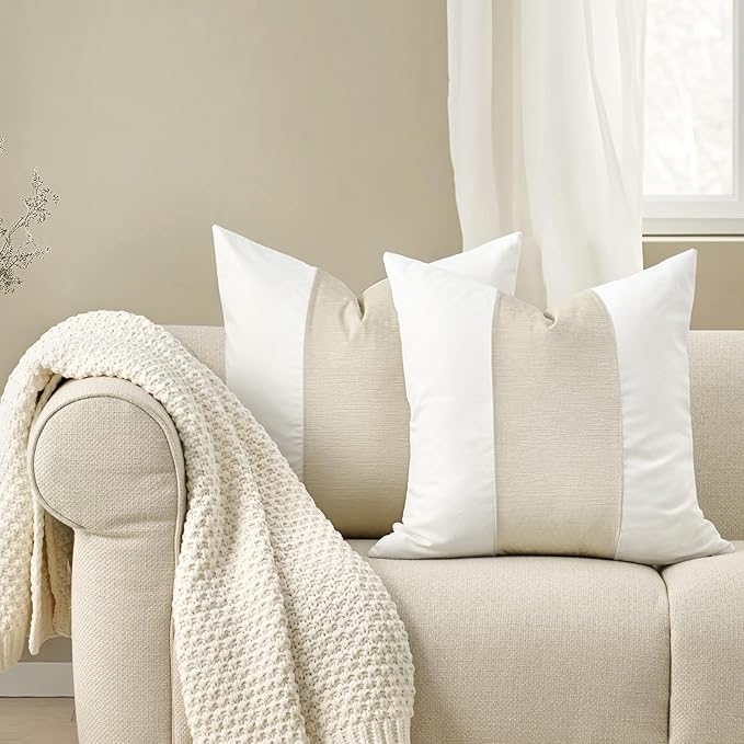 EVERGRACE x Kinsey Walsh Signature Velvet Panel Cotton Pillow Covers Set of 2, Decorative Pillow Covers 20"x20" for Couch, Square Cushion Cases for Sofa Bedroom Living Room, Off White Pearl