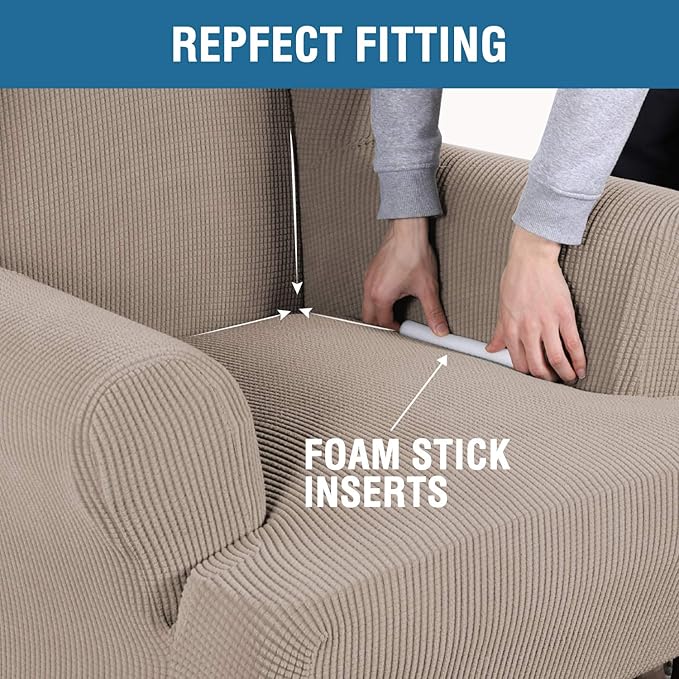 H.VERSAILTEX Wing Chair Slipcover Chair Covers for Wingback Chairs Wingback Chair Covers Slipcovers 1 Piece Stretch Sofa Cover Furniture Protector Soft Spandex Jacquard Checked Pattern, Sand