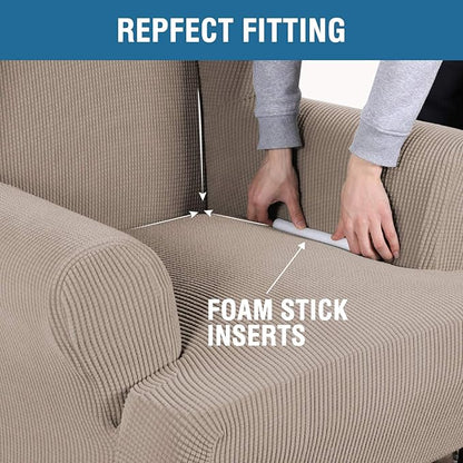 H.VERSAILTEX Wing Chair Slipcover Chair Covers for Wingback Chairs Wingback Chair Covers Slipcovers 1 Piece Stretch Sofa Cover Furniture Protector Soft Spandex Jacquard Checked Pattern, Sand