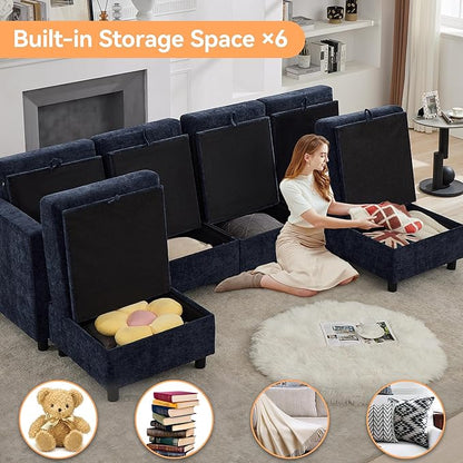 107'' Modular Sectional Sofa Convertible U Shaped Sofa Couch Set with Storage for Living Room, Modern 6 Seater Modular Sectional Couch with Movable Ottoman, Chenille Navy