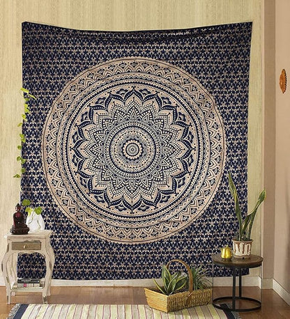 raajsee Blue Gold Mandala Tapestry For Bedroom- Aesthetic Tapestries - Indie Wall Tapestrys Hippie Room Decor - Boho Tapestrys –Trippy Tapestry Wall Hanging 52x60 Inches