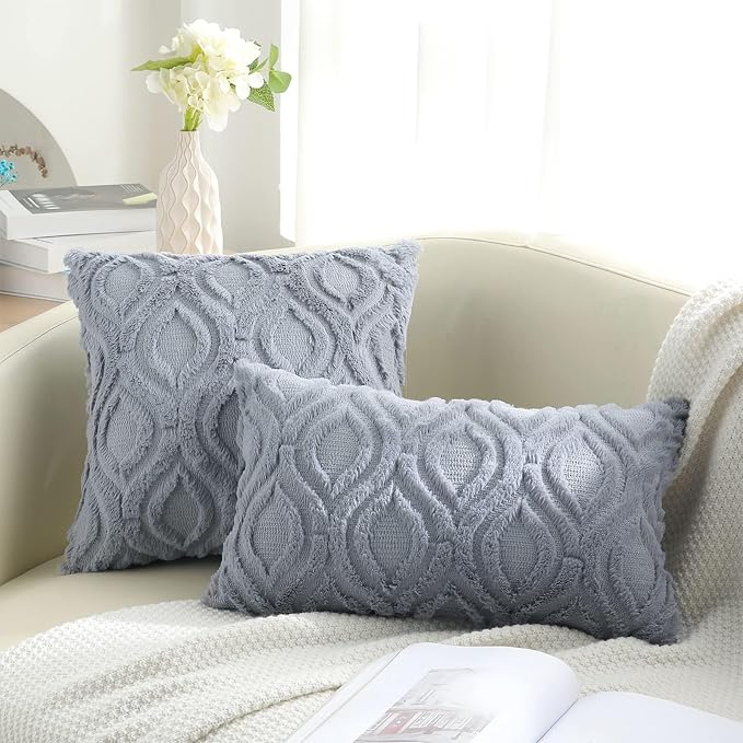 decorUhome Spring Euro Sham Throw Pillow Covers 22x22 Inch Set of 2, Soft Plush Faux Wool Blue Grey Solid Couch Pillow Covers, Accent Farmhouse Neutral Square Pillow Cases for Sofa Bed Living Room