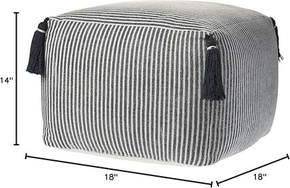 LR Home Handmade Contemporary Striped Gray/Ivory Cotton Pouf Ottoman for Home Decor | Farmhouse Foot Rest for Bedroom & Living Room Decor | 18 x 18 x 14 Stuffed Ottoman for Seating