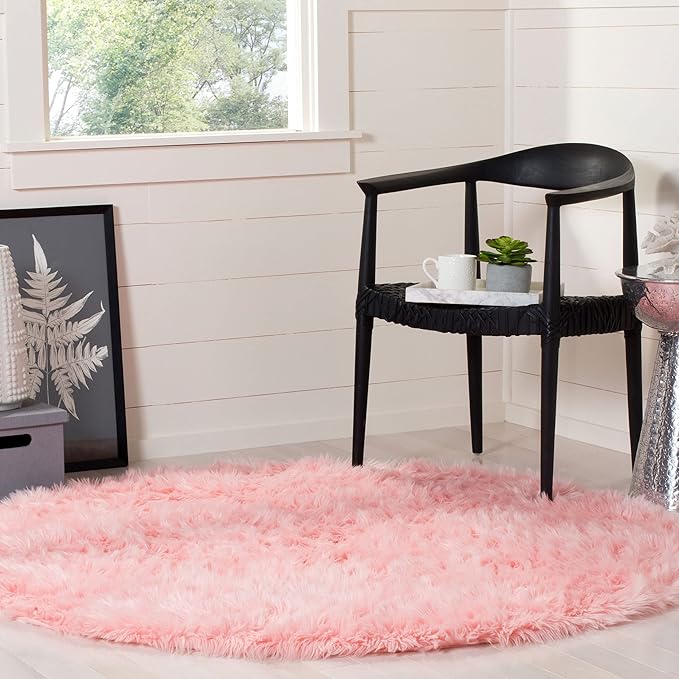 SAFAVIEH Faux Sheep Skin Collection 4' Round Pink FSS235G Silken Glam 2.35-inch Thick Area Rug