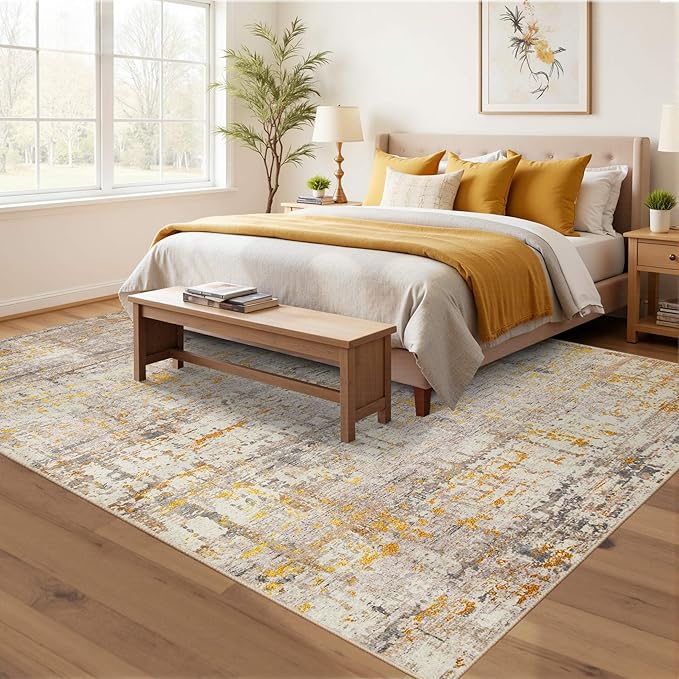 5x7 Area Rugs for Bedroom Living Room,Non-Slip Washable Modern Neutral Abstract Rugs for Dining Room, Foldable Thin Indoor Carpet Stain Resistant(Beige Gold)