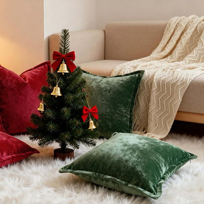 Velvet Pillow Covers 2 Pack Soft 26x26 Pillow Covers Solid Square Euro Shams Decorative Couch Pillow Cases with Wide Border for Sofa Bed Home Decor,Christmas Green