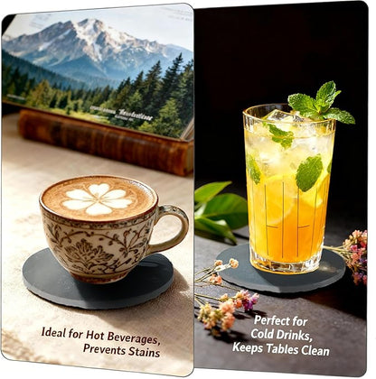 Slate Coasters Set of 4 with Bamboo Holder - Black Round Stone Drink Coasters for Coffee Table, Anti-Scratch Coasters to Protect Wood/Glass Surfaces, Boho Home Decor for Kitchen/Bar/Office (4 Pack)