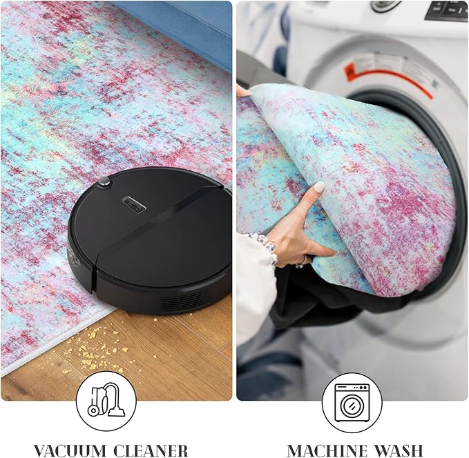 Modern Abstract 3x5 Girls Room Rug, Machine Washable Blush Pink Sky Blue Entryway Rug, Thin Kitchen Mat Non-Slip, Print Faux Wool Soft Floor Carpet for Girl Women's Bedroom Bedside