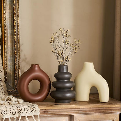 Ceramic Farmhouse Vase Set of 3, Rustic Centerpiece Vases for Fresh Dried Flowers Pampas Grass Bouquets, Boho Home Decor for Living Room Kitchen Entryway Table Mantel, Wedding Decor