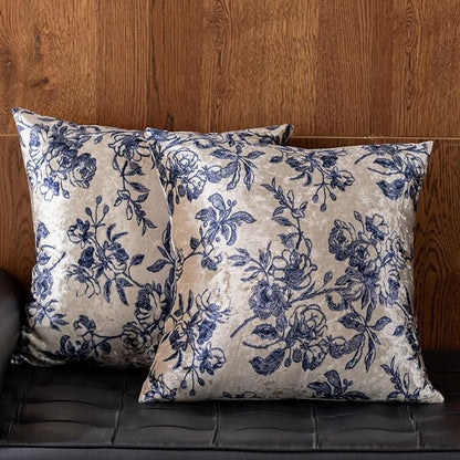 Velvet Floral Print Throw Pillow Covers Set of 2, Superior Soft Decorative Pillow Cases with Luxurious Silky Textured Vintage Cushion Covers for Home Decor Couch Sofa Bed (White Wine, 20x20)