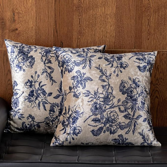 Velvet Floral Print Throw Pillow Covers Set of 2, Superior Soft Decorative Pillow Cases with Luxurious Silky Textured Vintage Cushion Covers for Home Decor Couch Sofa Bed (White Wine, 20x20)