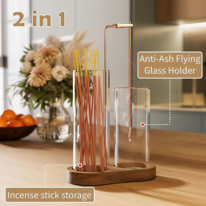 2 in 1 Incense Holder for Sticks with Glass Ash Catcher, Anti-Ash Flying Upside Down Insence Stick Burner, Modern Vertical Inscents-Sticks Holder for Yoga Spa Meditation Home Decor