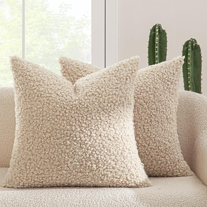 MIULEE Pack of 2 Throw Pillow Covers 24x24 Inch Neutral Oatmeal Faux Fur Decorative Sherpa Pillow Covers Fuzzy Accent Soft Sheepskin Fleece Cushion Cases for Boho Home Decor Couch Living Room Bed