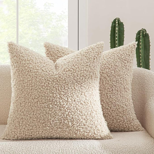 MIULEE Pack of 2 Faux Fur Throw Pillow Covers 20x20 Inch Neutral Oatmeal Boucle Decorative Sherpa Pillow Covers Fuzzy Accent Soft Sheepskin Fleece for Boho Home Decor Sofa Living Room Couch Bed