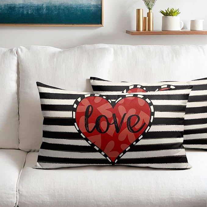 Valentines Day Pillow Covers 12x20 Set of 2 Black Red Heart Throw Pillow Covers Striped Love Pillowcase Linen Decoration Farmhouse Holiday Cozy Soft Cushion Case Couch for Indoor Outdoor Home Decor