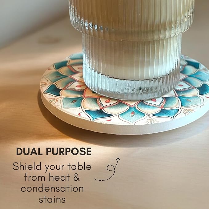 Mandala Ceramic Absorbent Coasters Set of 6 with Holder, Marble Drink Coasters for Coffee Table, Water Absorbing Coaster (Boho)