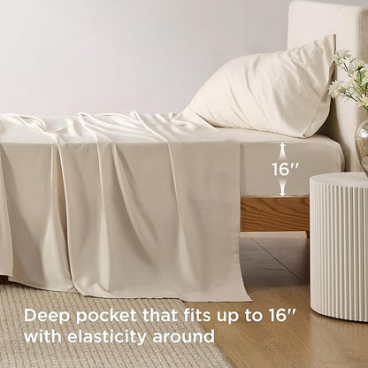 Bedsure Cooling Sheets Twin XL, Rayon Derived from Bamboo, Breathable & Soft Twin XL Sheet Sets, Deep Pocket Up to 16 Inches, Hotel Luxury Silky Dorm Bedding for Hot Sleepers, Light Beige