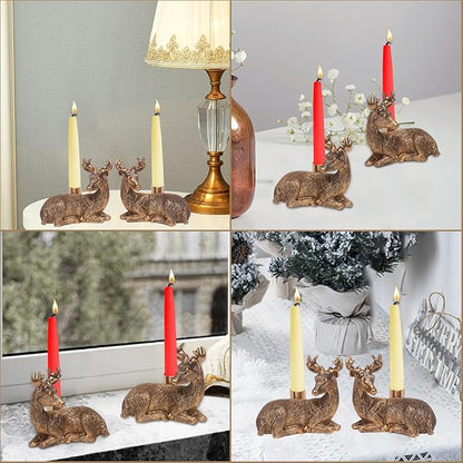 Gold Animal Candle Holders - Deer Set of 2 Vintage Rustic Pedestal Candlesticks,Holiday & Themed Decor, Easter Decorations, Centerpieces for Fireplace Mantle & Dining Table