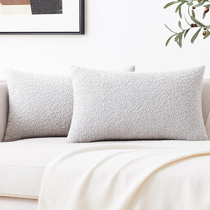 Mixhug Decorative Boucle Throw Pillow Covers, Light Gray, 12 x 20 Inches, Pack of 2 - Textured Boho Pillow Covers for Couch and Bed