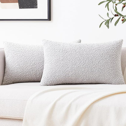 Mixhug Decorative Boucle Throw Pillow Covers, Light Gray, 12 x 20 Inches, Pack of 2 - Textured Boho Pillow Covers for Couch and Bed