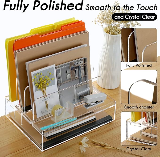 DINGHUO Desk Organizers and Accessories, Acrylic File Folder Rack with 3 Vertical File Holder, Letter Size Paper Tray Office Supplies Storage for Home Office, -1 Pack