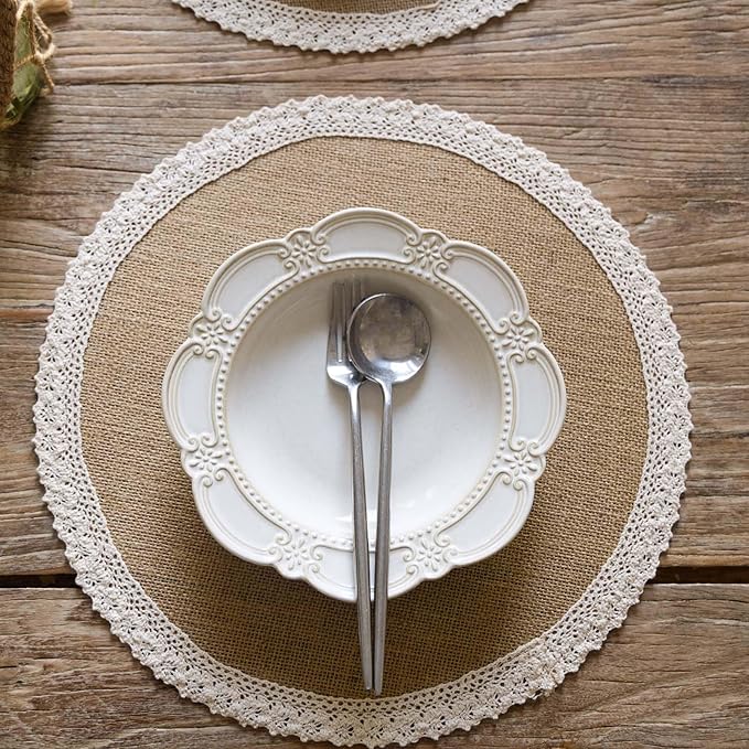 FunWheat Burlap Round Braided Placemats Set of 12 for Dining Tables 15 Inch Heat Resistant Jute Table Mats Farmhouse Woven Fabric Natural Place mats for Fall Decoration(Cotton Lace)