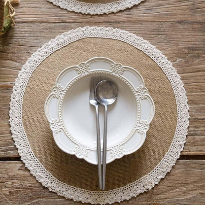 FunWheat Burlap Round Braided Placemats Set of 12 for Dining Tables 15 Inch Heat Resistant Jute Table Mats Farmhouse Woven Fabric Natural Place mats for Fall Decoration(Cotton Lace)