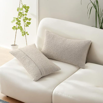 HAUSSY Set of 2 12x20 Decorative Throw Pillow Covers, Soft Cozy Textured Boucle Lumbar Pillow Cases, Home Decor for Couch Bed Living Room, Beige