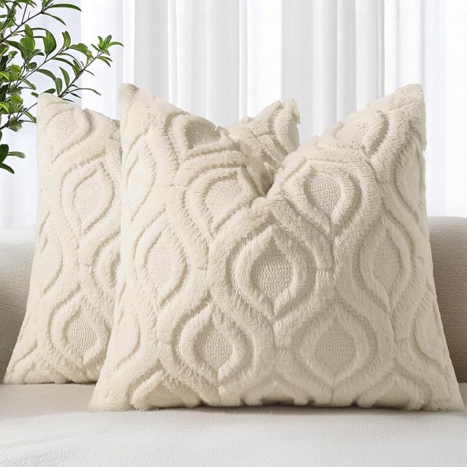 decorUhome Spring Euro Sham Throw Pillow Covers 26x26 Inch Set of 2, Soft Plush Faux Wool Beige Solid Couch Pillow Covers, Accent Farmhouse Neutral Square Pillow Cases for Sofa Bed Living Room
