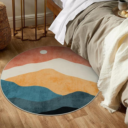 Abstract Round Rug 3ft, Faux Wool Soft Throw Area Rugs, Washable Farmhouse Small Circle Rug, Floor Low Pile Mats for Bedroom Bathroom Laundry Room Nursery Decor