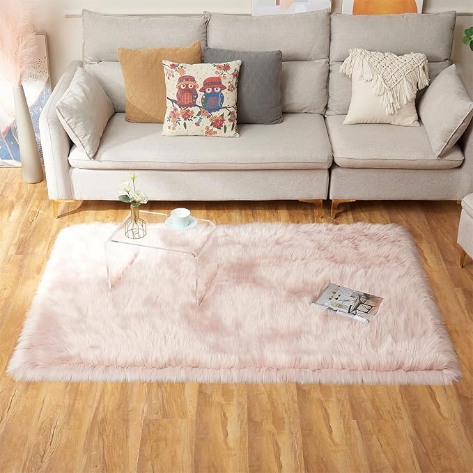EasyJoy Ultra Soft Fluffy Shaggy Area Rug Faux Fur Rug Chair Cover Seat Pad Fuzzy Area Rug for Bedroom Floor Sofa Living Room (4 x 6 ft Rectangle, Pink)