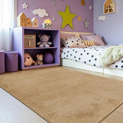 jinchan Solid Plush Area Rug 5x7 Performance Shaggy Washable Rug Indoor Soft Modern Faux Wool Cozy Non Slip Carpet for Living Room Kids Room Bedroom Dining Room Nursery Tan