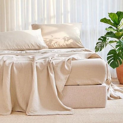 King Sheet Set Cotton Bed Sheets Gauze 4 Pcs Linen King Sheets Set 16" Deep Pocket Sheet & Pillowcase Sets Boho Muslin King Sheets Soft King Bedding Sets for All Season