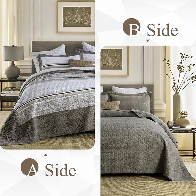 100% Cotton Oversized King Size Bedspread 120"x120" - Farmhouse Lightweight Cal King Quilt with 2 Pillowshams, Reversible Modern Striped Quilted Bed Coverlet for All Season, 3Pcs, Brown