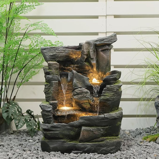 5-Tier Cascading Rock Water Fountain Outdoor - 23.6”H Indoor/Outdoor Modern Floor Standing Water Fountain Garden, Patio, Backyard, Deck, Porch and Home Art Decor