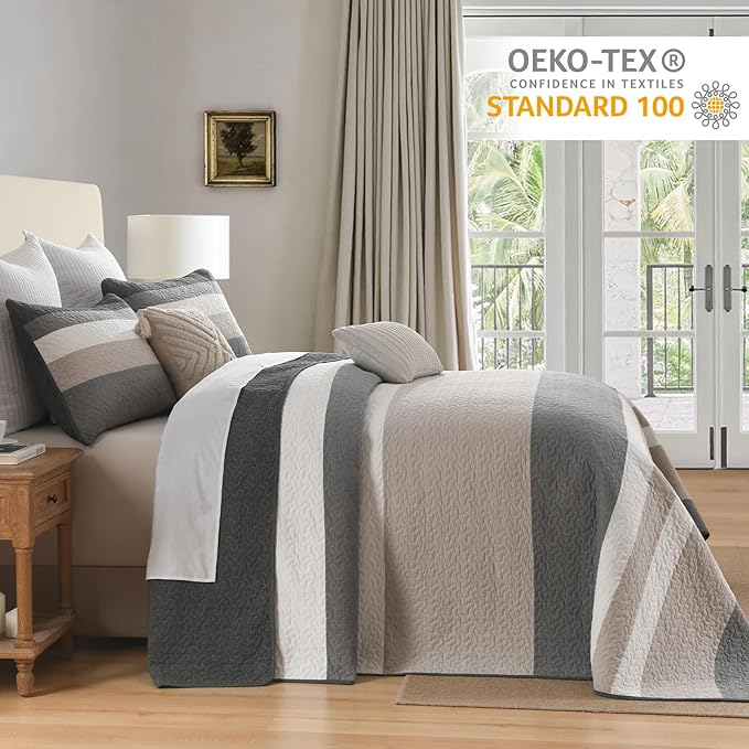 Finlonte 100% Cotton Oversized King Quilt 128"x120", Extra Large Cal King Bedspread, Modern Striped Bed Spreads Coverlet, Lightweight Reversible Yarn Dyed Quilted Bedding, 3 Piece, Gray/White