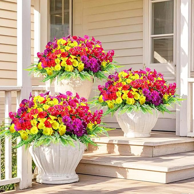 16 Bundles Outdoor Artificial Fake Flowers UV Resistant No Fade Plastic Faux Morning Glory Silk Flowers Plants for Home Garden Porch Patio Window Box Farmhouse Hanging Décor