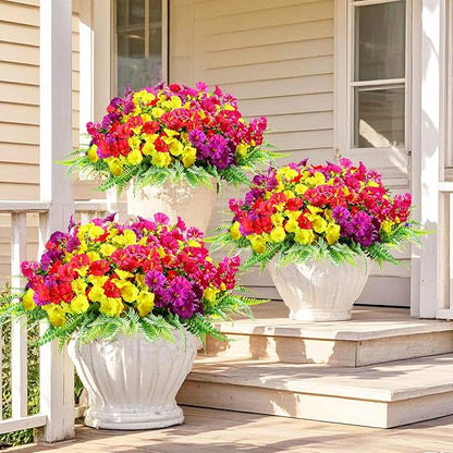 16 Bundles Outdoor Artificial Fake Flowers UV Resistant No Fade Plastic Faux Morning Glory Silk Flowers Plants for Home Garden Porch Patio Window Box Farmhouse Hanging Décor