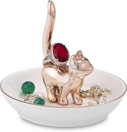 Cat Ring Holder Trinket Tray Ceramic Jewelry Dish Porcelain Ring Organizer Gift for Women, Girlfriend or Valentine's Day (Rose gold-2)