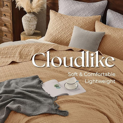 Cali King Quilt Set with Shams Lightweight Quilted Bedspread Coverlet Thin Comforter Bed Cover Vintage Washed Quilted Blanket for All Season, Brushed Microfiber Diamond Stitching, Brown, 111"x92"