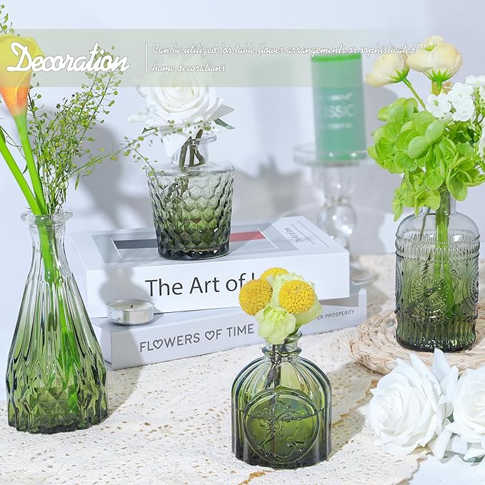 Glass Bud Vase Set of 5, Small Green Flower Vases for Centerpieces in Bulk, Mini Vintage Vase for Wedding Decor, Single Flowers, and Home Table Décor