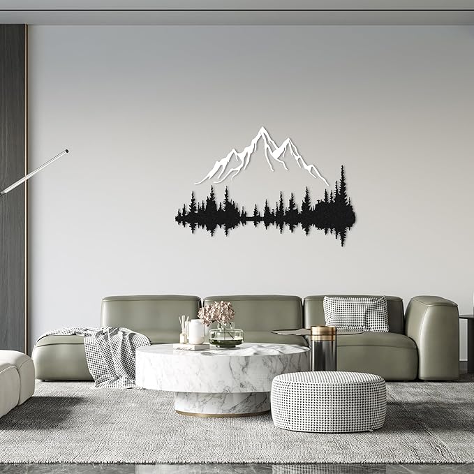 Mountain Lake Forest Large Metal Wall Art Black Minimalist Nature Silhouette Wall Decor Outdoor Landscape Wall Sculpture (70.9x47.2 inches / 180x120 cm)