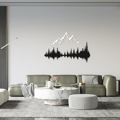 Mountain Lake Forest Large Metal Wall Art Black Minimalist Nature Silhouette Wall Decor Outdoor Landscape Wall Sculpture (39.4x26.2 inches / 100x67 cm)