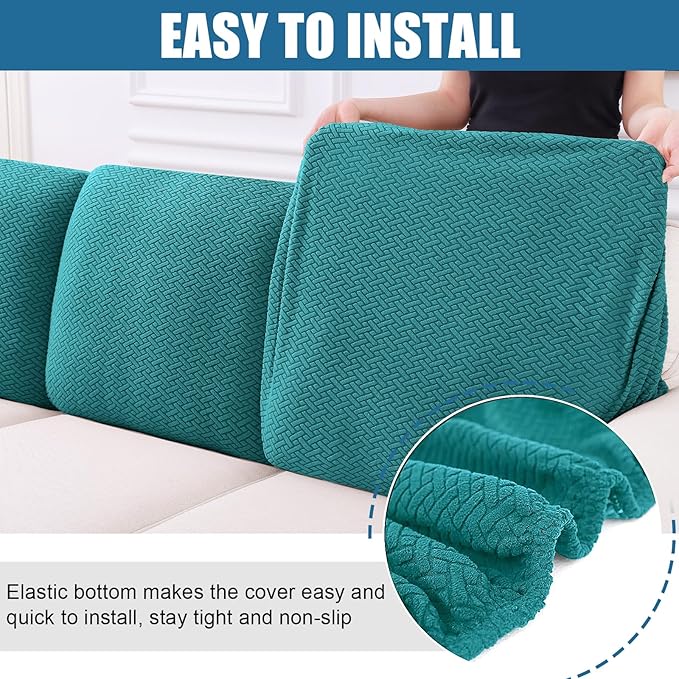 Smiry Waterproof Couch Cushion Covers, Stretch Jacquard Thick Sofa Cushion Covers, Washable Seat Slipcover Elastic Furniture Protector for Pets, Kid (Back Cover L, Peacock Green)