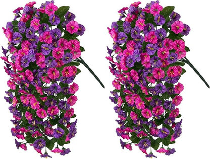 HyeFlora Artificial Fake Hanging Flowers Plants for Outdoor Outside, 2PCS Faux Silk Morning Glory Trailing Vines UV Resistant Look Real for Home Planter Porch Patio (Dark Purple and Fuchsia)