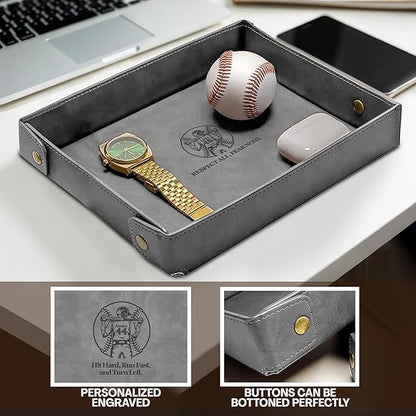 Engraved Baseball Valet Tray –Personalized Leather Catchall with Custom Name –Men’s Nightstand Organizer for Keys, Wallet, Jewelry, and Essentials – Unique Baseball Fan Gift for Home or Office - Grey